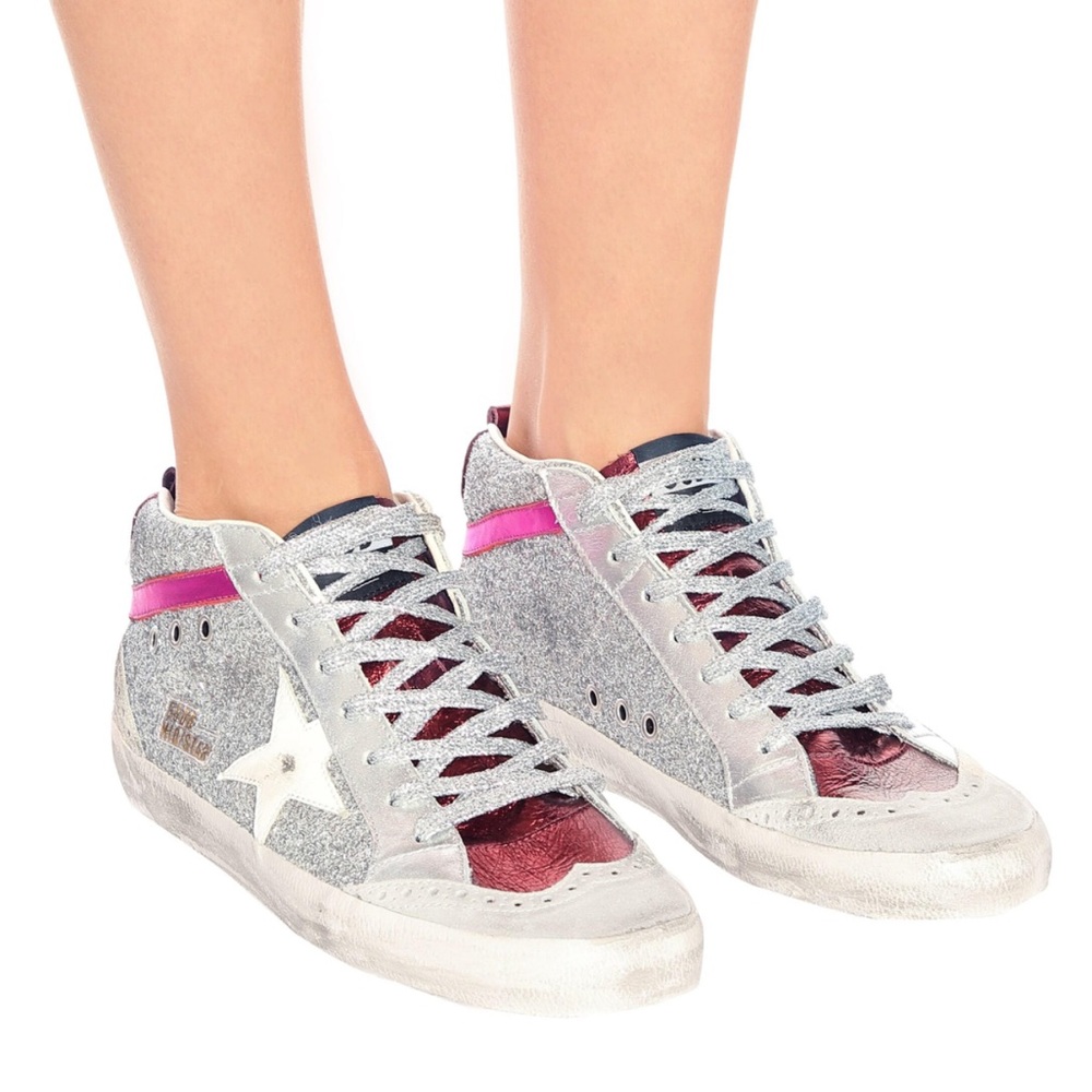 Golden Goose Silver Glitter High-Top Sneakers with Pink and Burgundy Accents